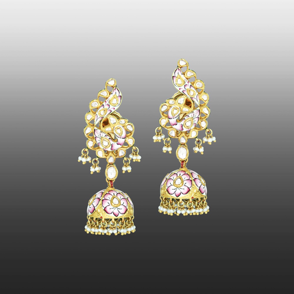 Polki Earrings with Pink Enamel Jhumkas and Pearls
